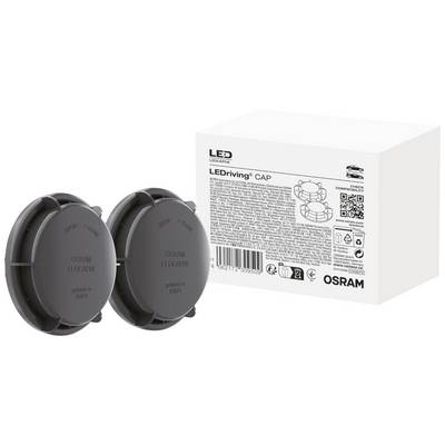 Dvije sive poklopne kape za LED autožarulje ispred bijele ambalaže s tekstom i QR-kodom, označene s 'LEDing® CAP' od Osrama.