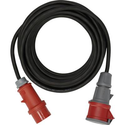 Uvijeni crni strujni kabel s crvenim i sivim industrijskim priključcima na oba kraja na bijeloj pozadini.