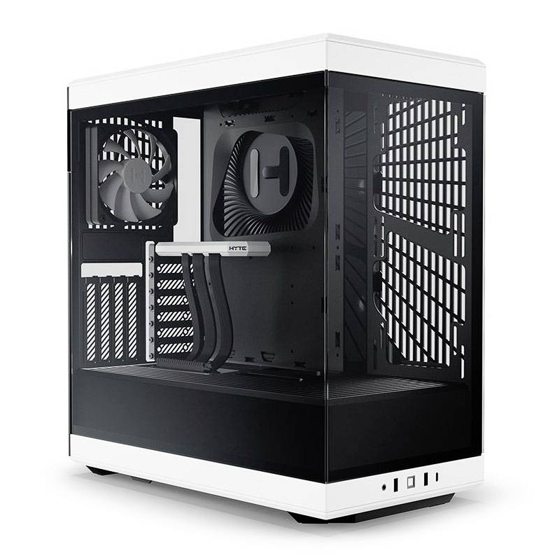 Kućište za PC-e s bočnim staklenim panelom, vidljivim ventilatorom i crnim unutrašnjim prostorom, pogodno za gaming ili izradu high-end računala.