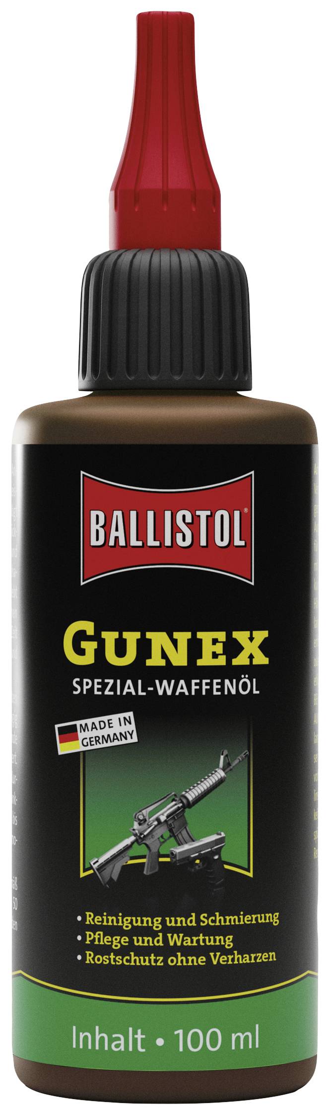 Smeđa bočica s crvenim poklopcem. Natpis: 'Ballistol Gunex specijalno ulje za oružje'. Napomena 'Napravljeno u Njemačkoj'. Sadržaj 100 ml.