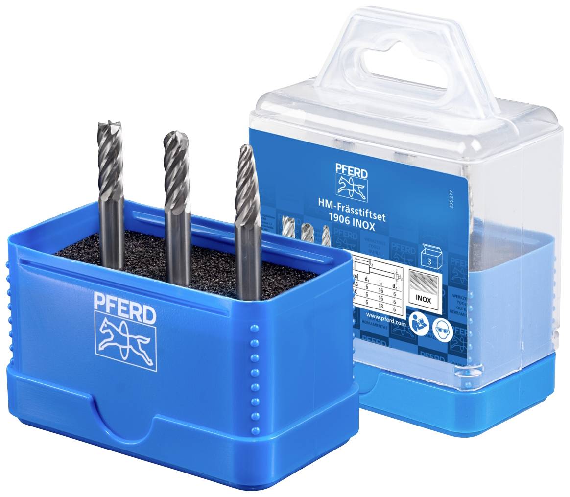 Plava ambalaža sa glodnim svrdlima tvrtke PFERD, model 'HM-Frässtiftset 1906 INOX'. Četiri glodne glave postavljene su u držač.