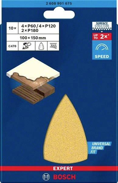 'Bosch Expert brusni listovi, 10 komada: 4x P60, 4x P120, 2x P180. Veličina 100x150 mm. Pogodni za univerzalne brusilice.'