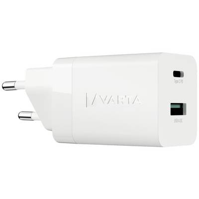 Bijeli USB punjač s dva priključka: Tip-C i USB-A. Pogodan za punjenje elektroničkih uređaja.