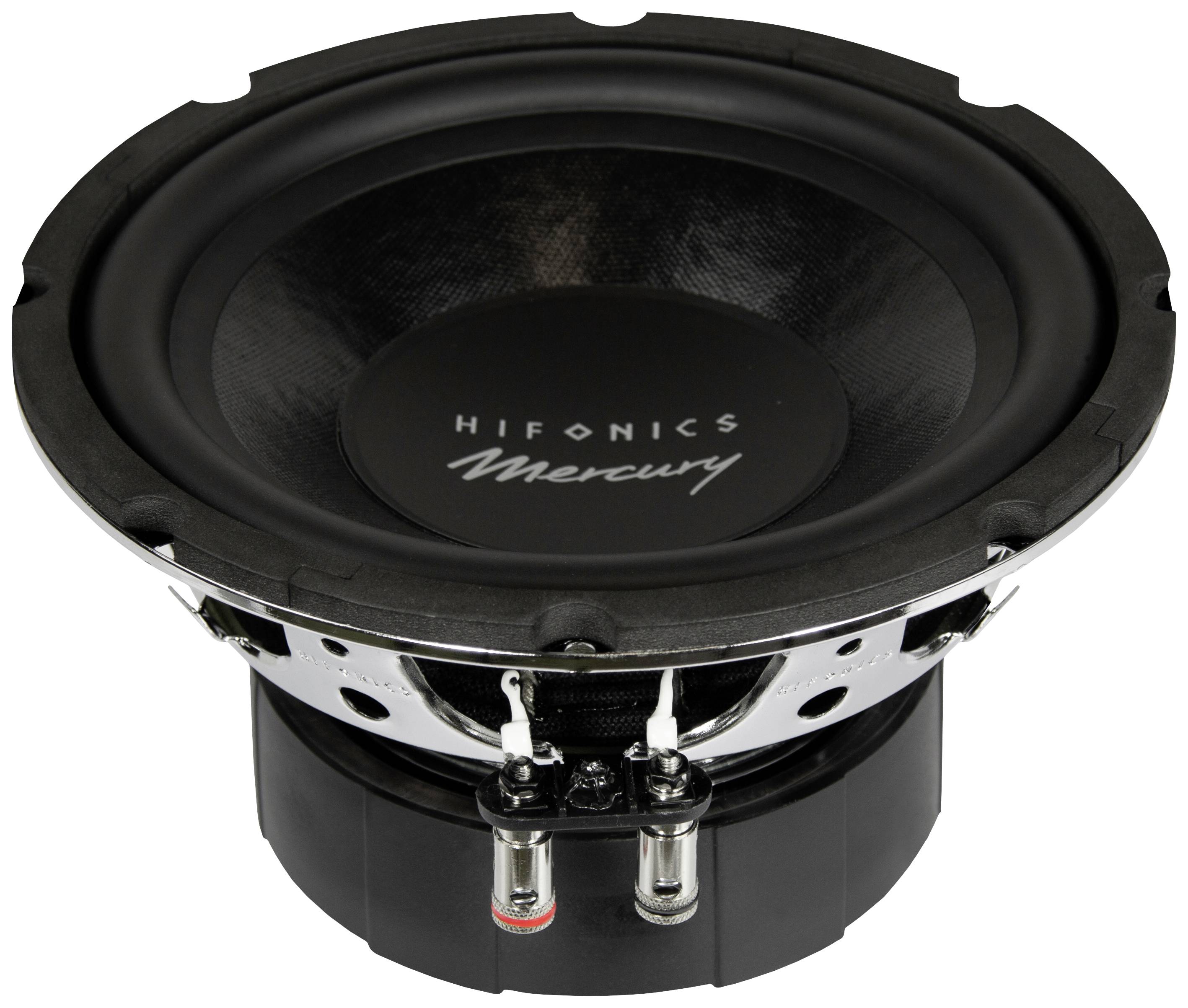 Hifonics subwoofer 'Mercury' s crnom membranom i srebrnim okvirom na bijeloj pozadini.