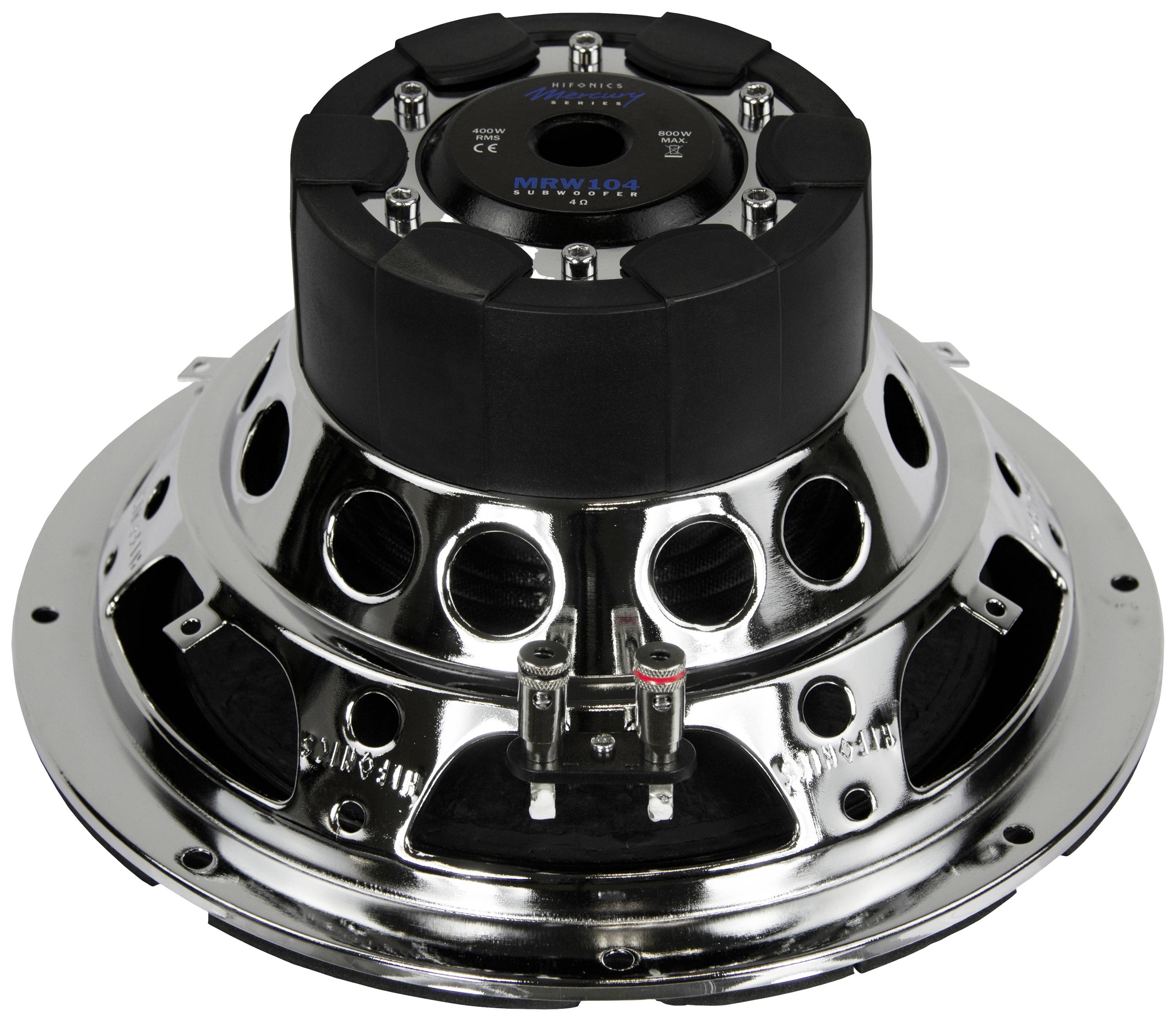 Stražnja strana auto zvučnika s metalnim kućištem, vidljivim priključcima i logotipom proizvođača gore u sredini.