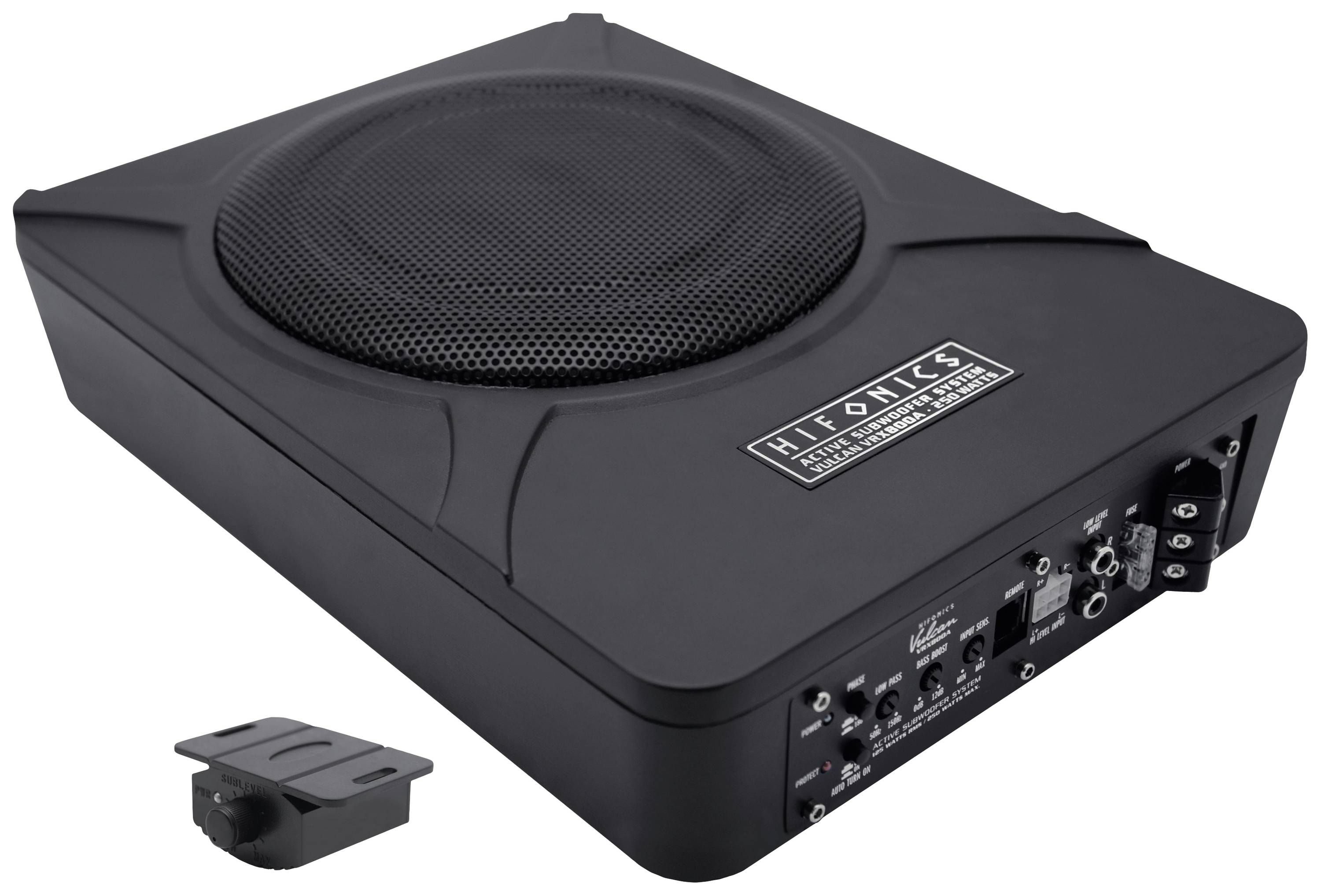 Kompaktan Hifonics auto-subwoofer u crenom kućištu, s integriranim pojačalom i upravljanjem za optimalnu reprodukciju basa.