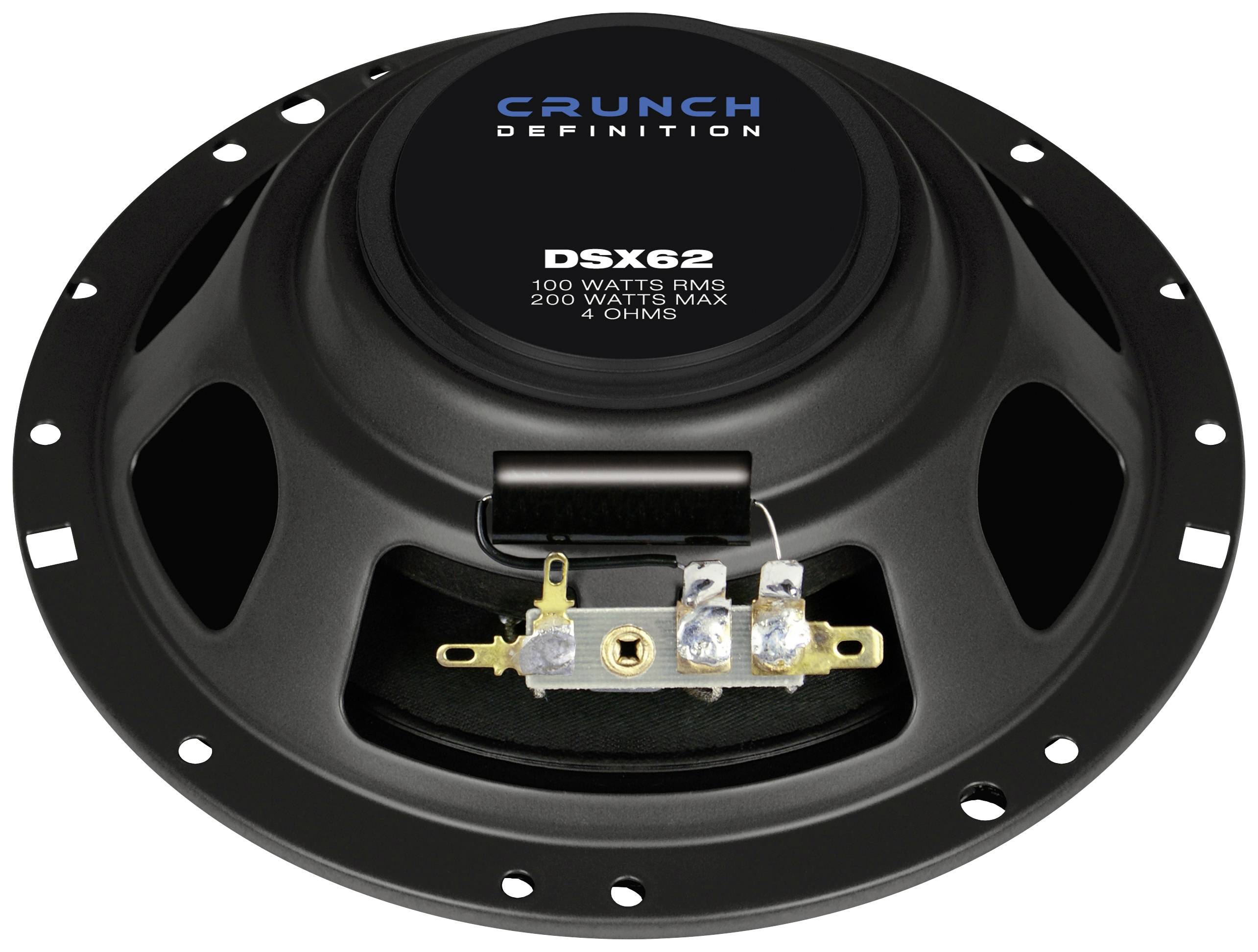 Stranica zvučnika s natpisima: 'CRUNCH DEFINITION', 'DSX62', '100 WATTS RMS', '200 WATTS MAX', '4 OHMS'.
