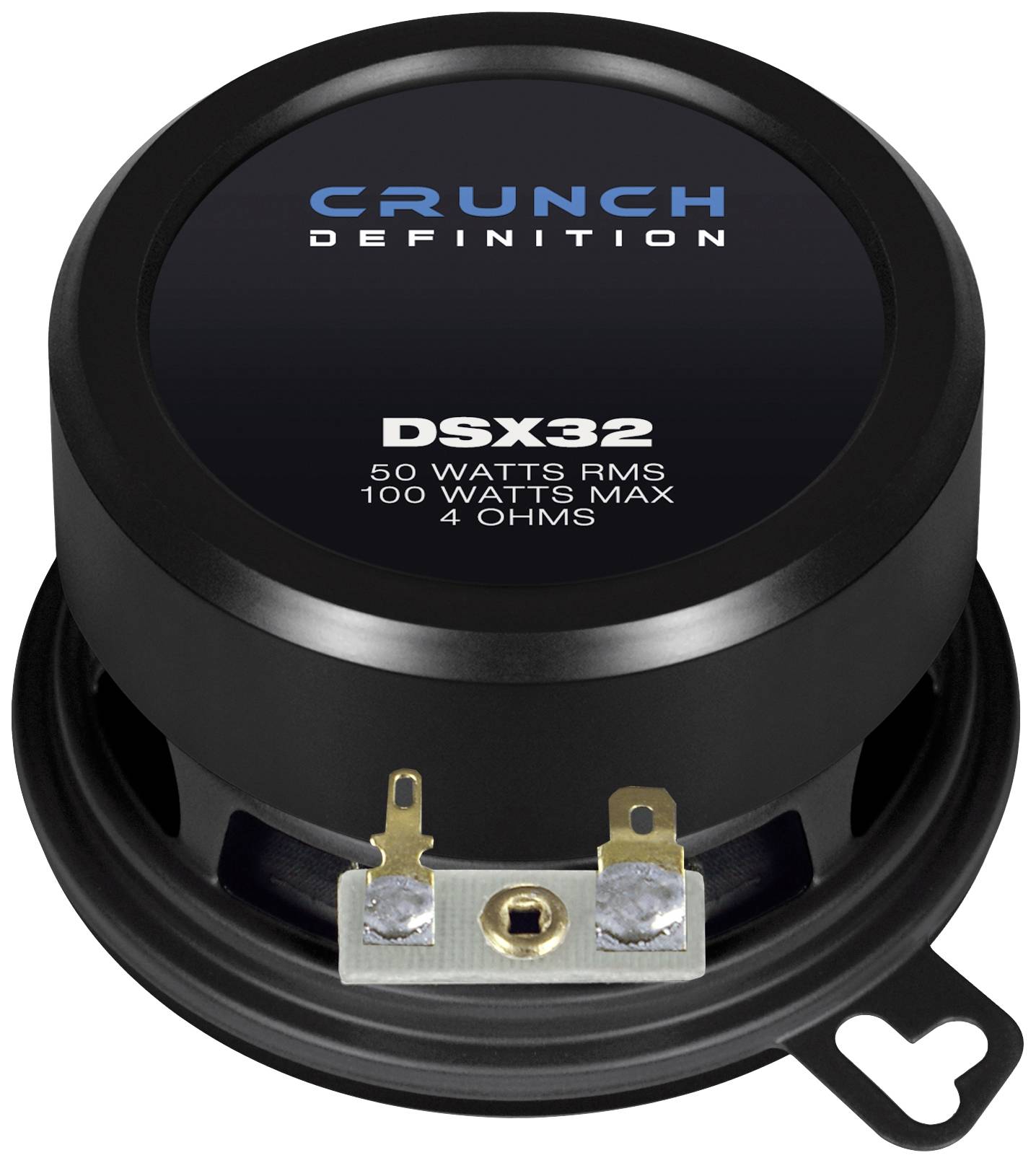 Okrugli zvučnik s natpisom 'CRUNCH DEFINITION DSX32', podaci o snazi: '50 W RMS, 100 W maks., 4 Ω'.