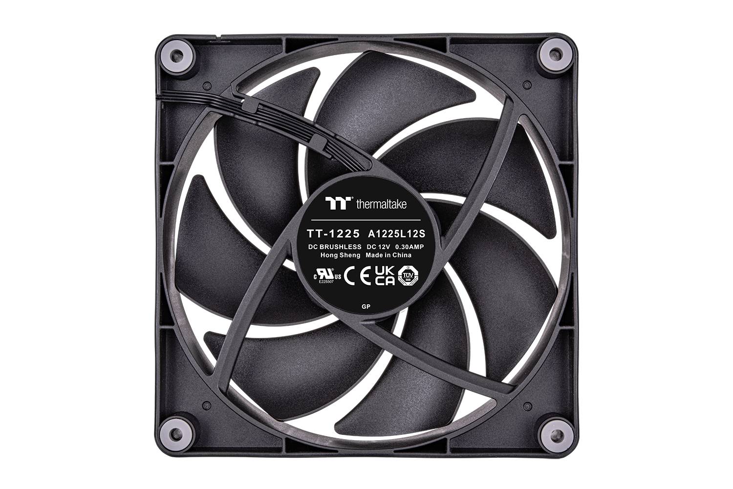 Crni računalni ventilator s devetokrakom rotorom, Thermaltake logom i modelnim brojem TT-1225 u sredini, koristan za hlađenje.