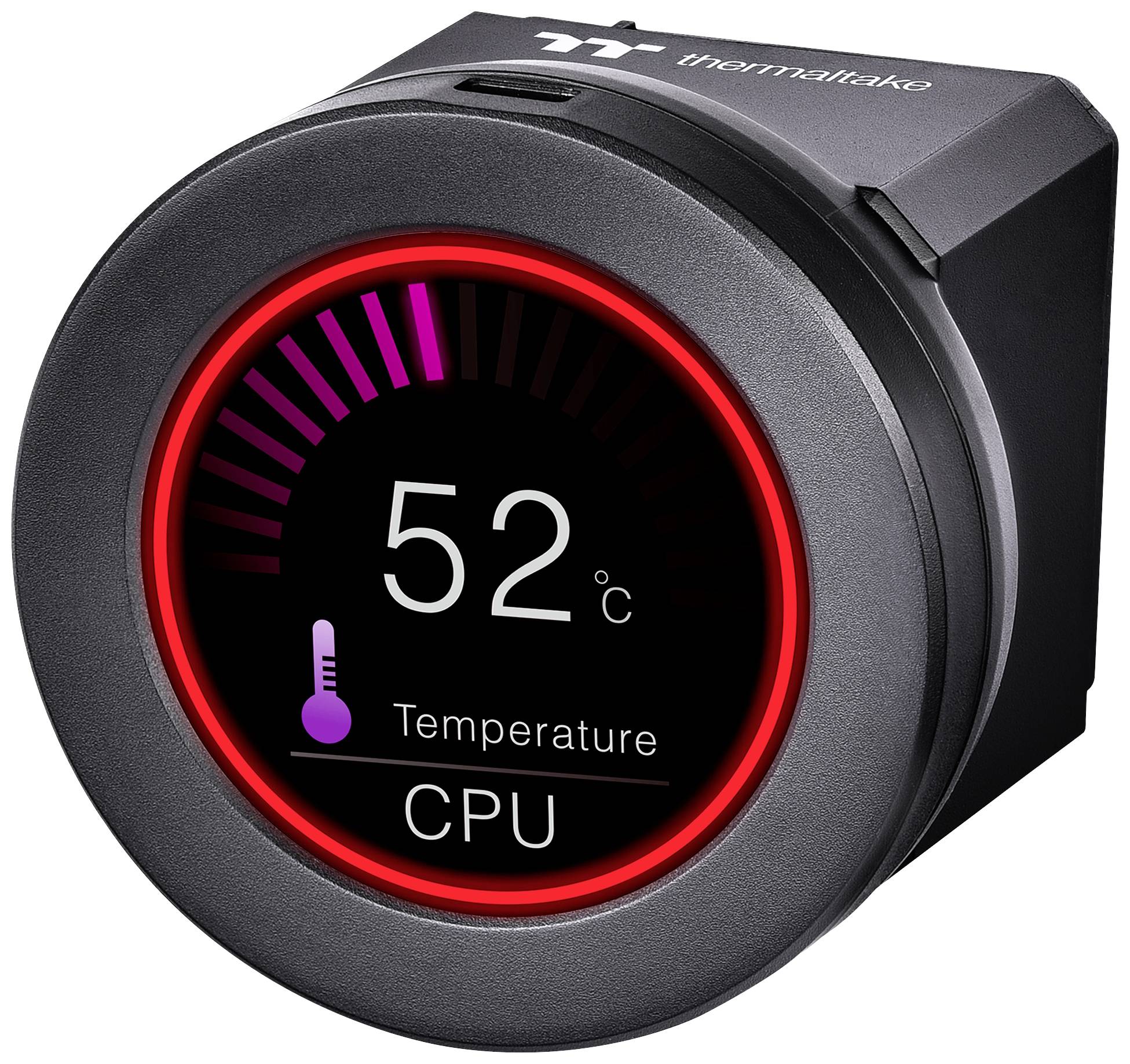 Kružni monitor CPU hladnjaka prikazuje temperaturu, 52 stupnja Celzijusa u crvenom krugu. Gore piše 'Thermaltake'.