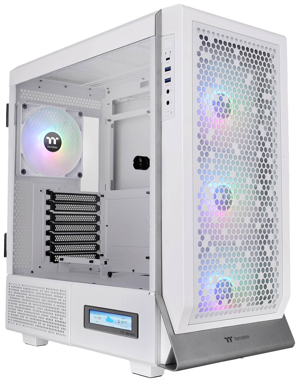 Bijelo kućište računala s prozirnom bočnom stranom, RGB LED ventilatorima i nekoliko proširnih utora straga.