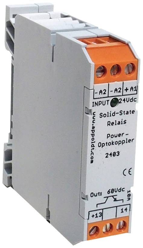 Slika prikazuje elektromagnetski relej na čvrstom stanju (solid-state relej) s otisnutim tehničkim specifikacijama i priključnim stezaljkama sa strana.
