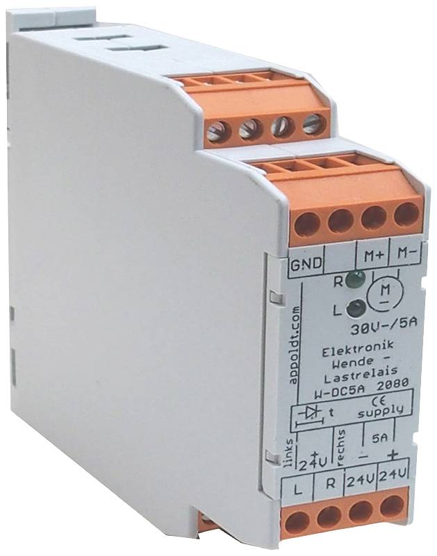 Elektronički okretni relej s oznakama stezaljki '30V, 5A' i '24V/24V'. Uglavnom sivo kućište s narančastim žičanjem.