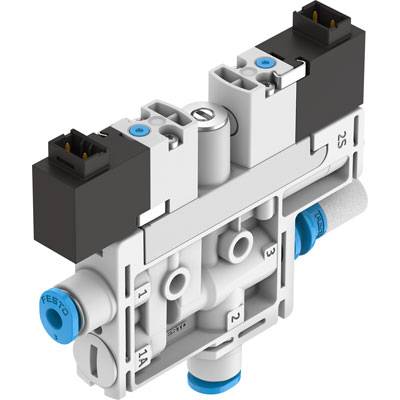 Elektropneumatski ventil s plavim i crnim priključcima, namijenjen preciznom upravljanju u automatiziranim sustavima.