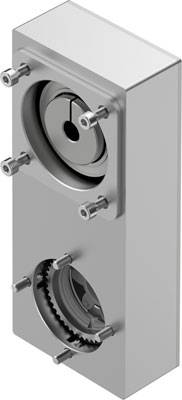Dio kućišta s dvije okrugle otvore i vidljivim zupčanicima, učvršćen nekoliko vijaka; tehnički sklop.