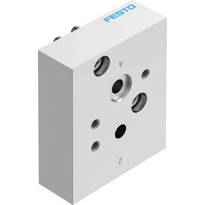 Sivi ventilski blok s više priključnih otvora i plavim logom 'FESTO' gore desno.
