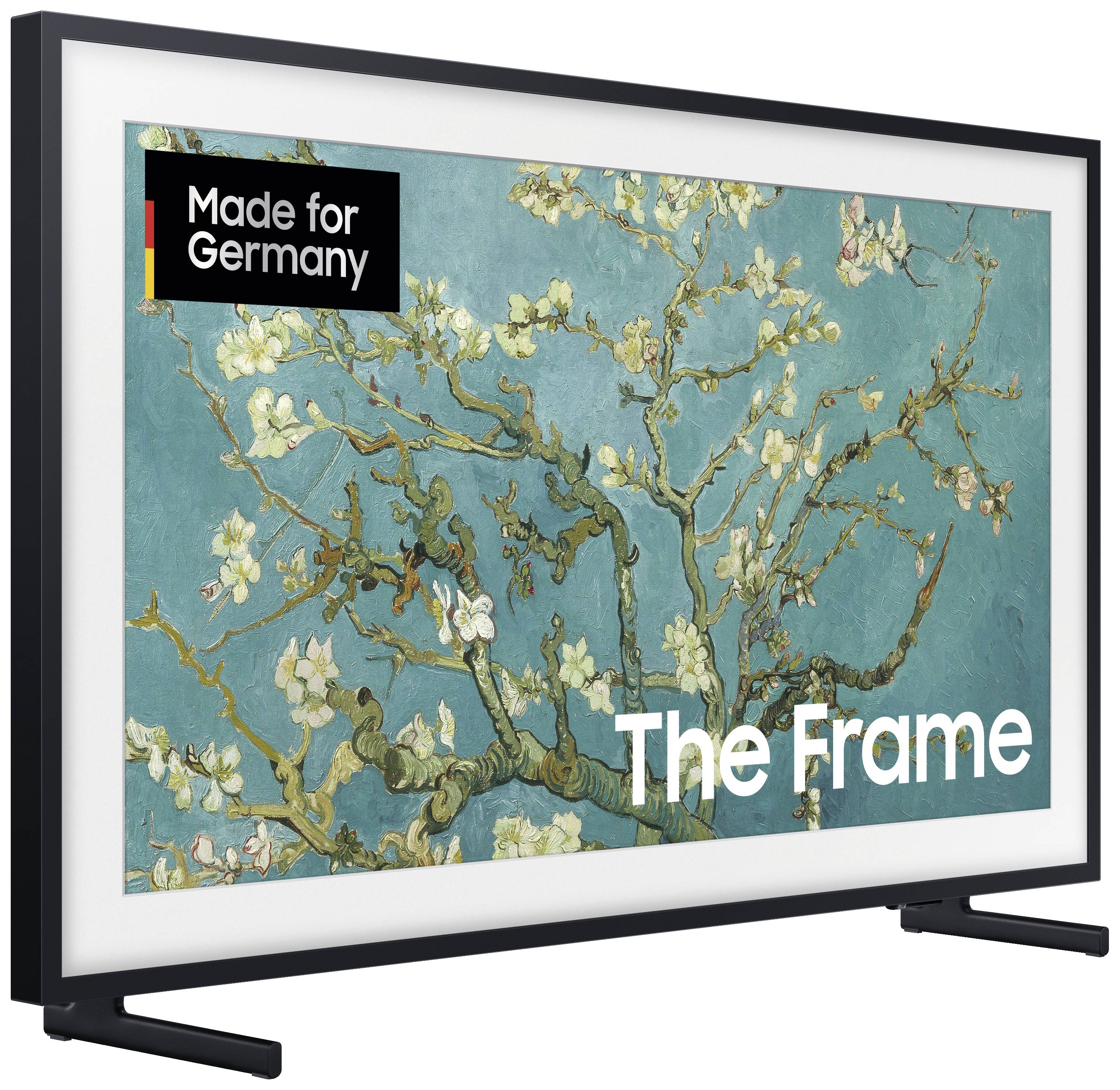 Televizor s nasliknom slikom procvalih grana na plavoj pozadini. Gore lijevo piše 'Made for Germany', dolje desno 'The Frame'.