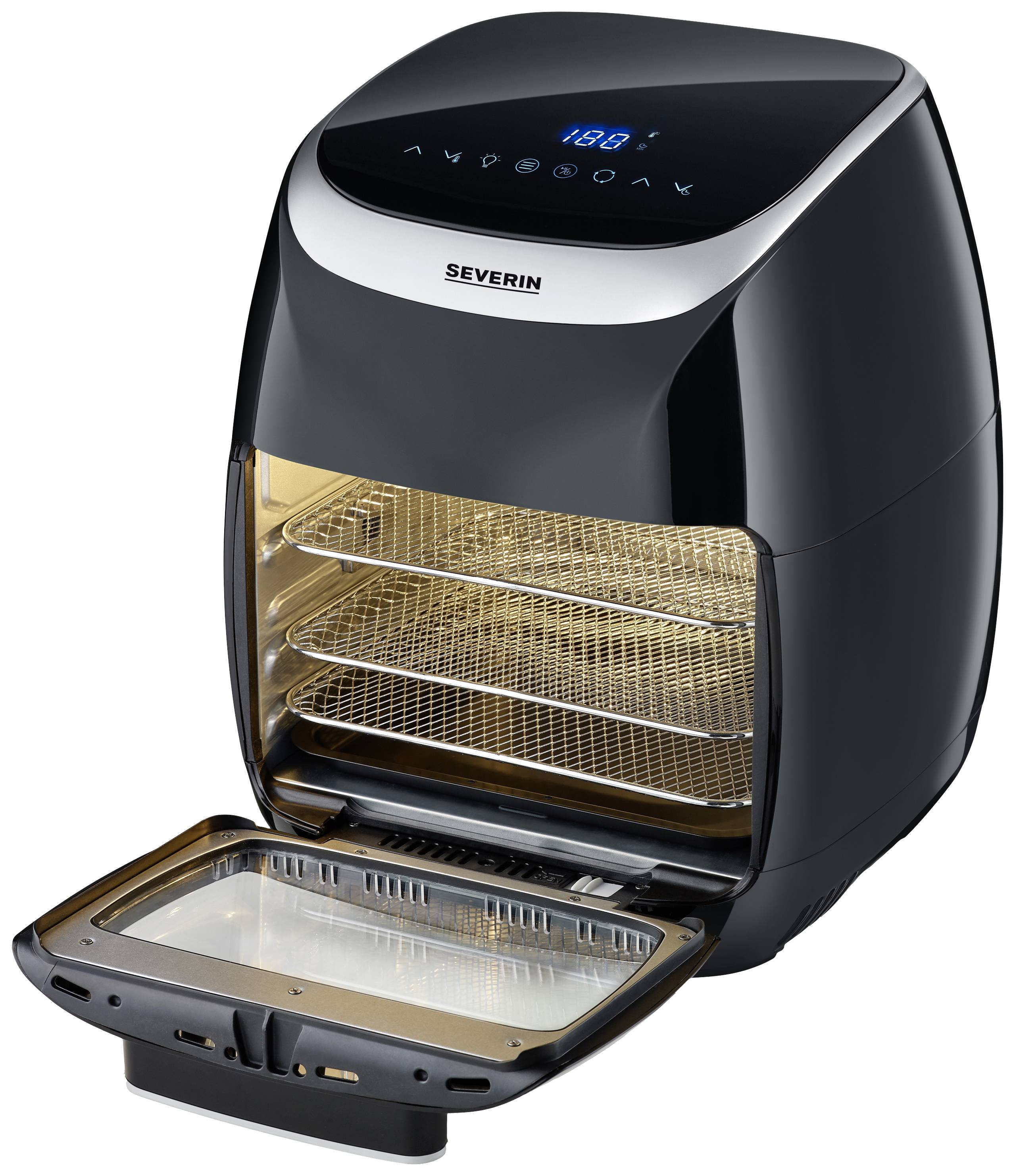 Crni airfryer s digitalnim tipkama i otvorenim dnom prikazuje tri izvadive rešetke, pogodne za pečenje bez ulja.