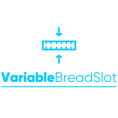 Logo "VariableBreadSlot" u plavoj boji. Strelice pokazuju gore i dolje na prorezasti, graduirani prostor, simbolizirajući fleksibilnost.