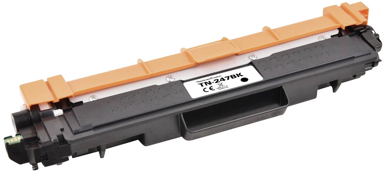 Toner za pisač u crnoj boji, model TN-247BK, s narančastom zaštitnom poklopcem i naljepnicom s tehničkim informacijama.