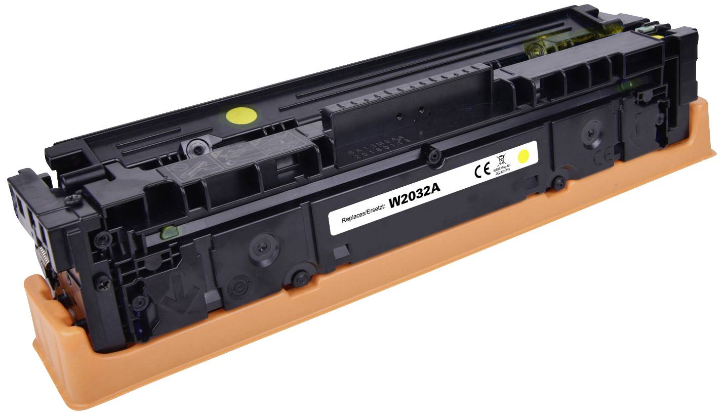 Crna toner kaseta s oznakom 'W2032A' koja stoji na narančastoj podlozi.