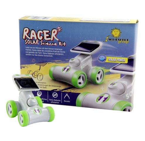 Solarni komplet znanstvene igračke 'Racer Solar Science Kit'. Igračka automobil s solarnim panelom na pakiranju. Plavo-žuto pakiranje s temom energije.