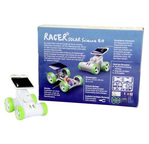 Kutija s natpisom 'Racer Solar Science Kit' prikazuje solarno vozilo. Set sadrži komponente za izgradnju automobila koji se pokreće solarnom energijom.