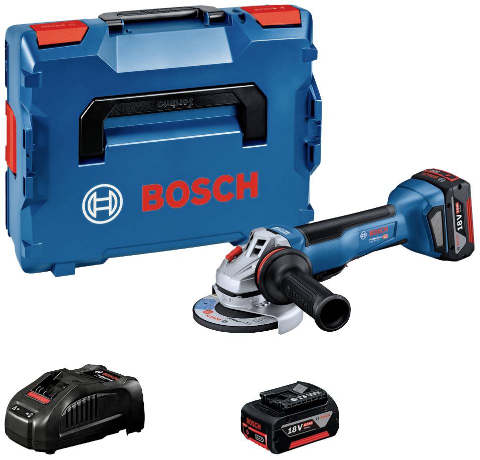 Bežični kutni brusilica Bosch s baterijama i punjačem, prikazana ispred plavog transportnog kofera s Bosch logotipom.