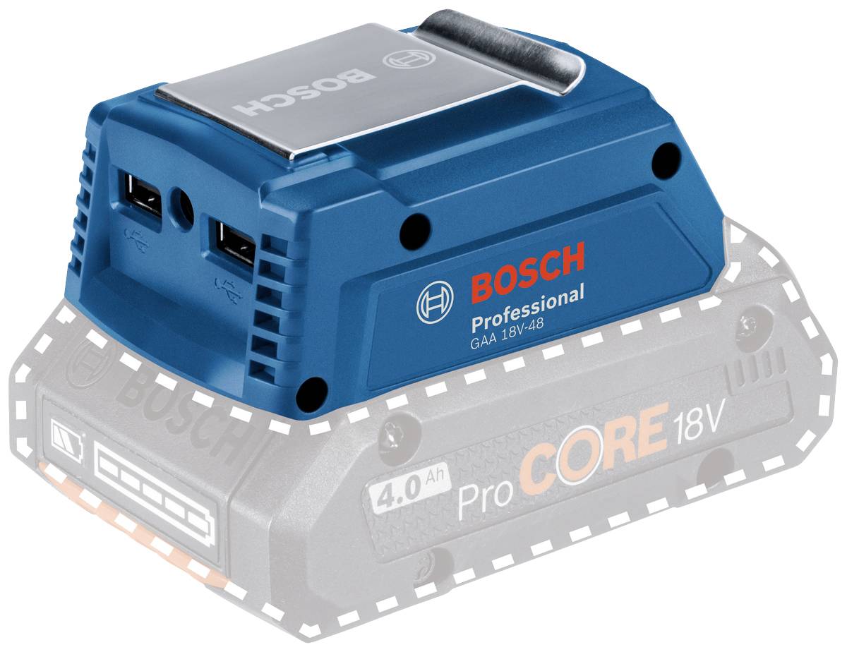 Boschevo punjač iz Professional serije, model GAA 18V-48, smješten na ProCORE 18V 4.0Ah bateriji, naglašen kontursima.