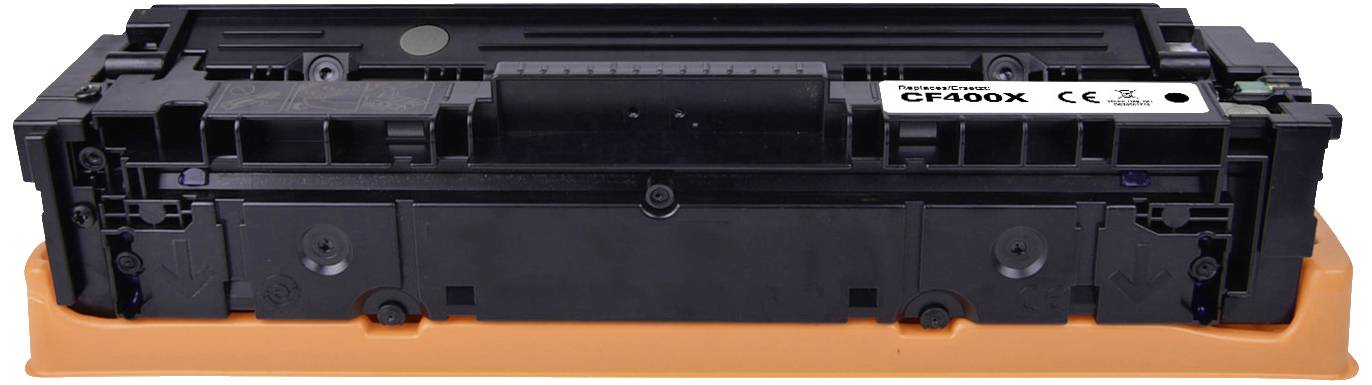 Crna toner kazeta Model 'CF400X' s naljepnicom i tehničkim informacijama, položena na narančastoj podlozi.