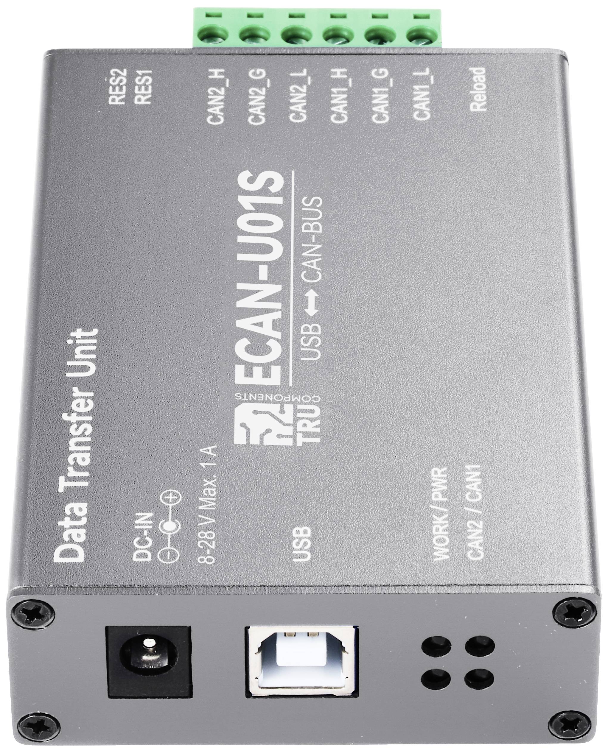 CAN-BUS uređaj za prijenos podataka na USB, model ECAN-U01S, s priključcima za DC-ulaz, resetiranje i nekoliko CAN kanala.