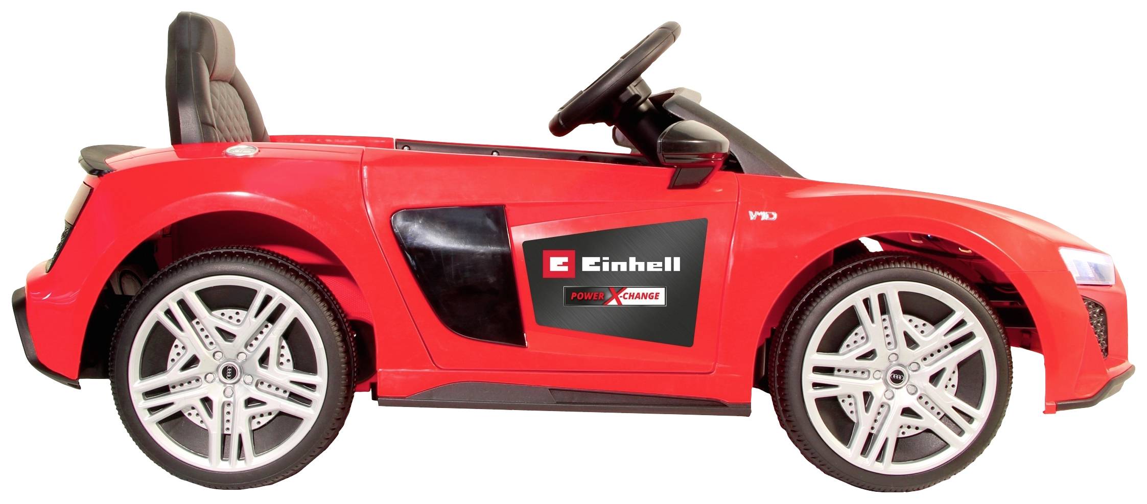 Crveni igračka automobil u stilu sportskog automobila, prikazan sa lijeve strane. Na njemu se nalazi logo marke 'Einhell'.