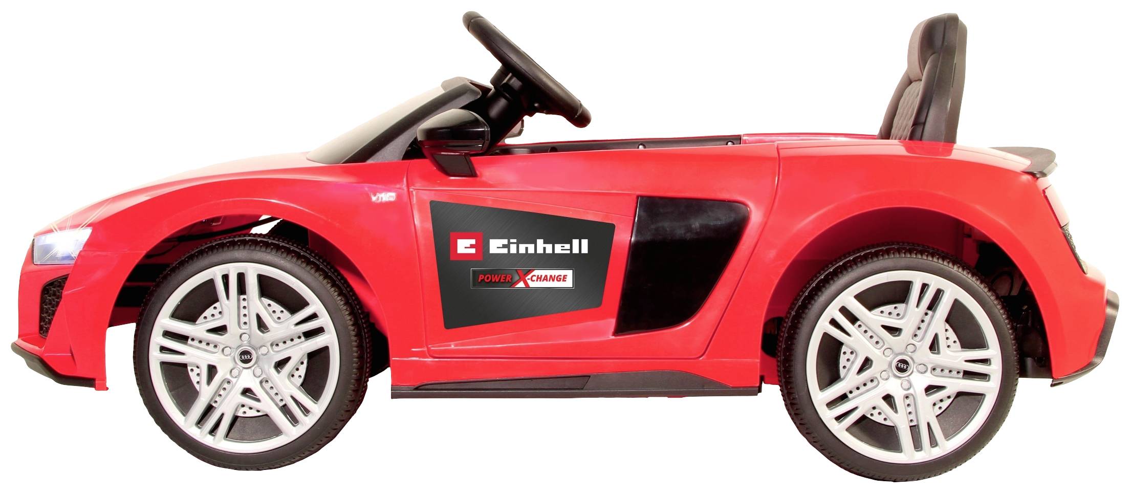 Crveni igračka automobil marke Einhell s natpisom 'Power X-Change', prikazan z bočnog profila.