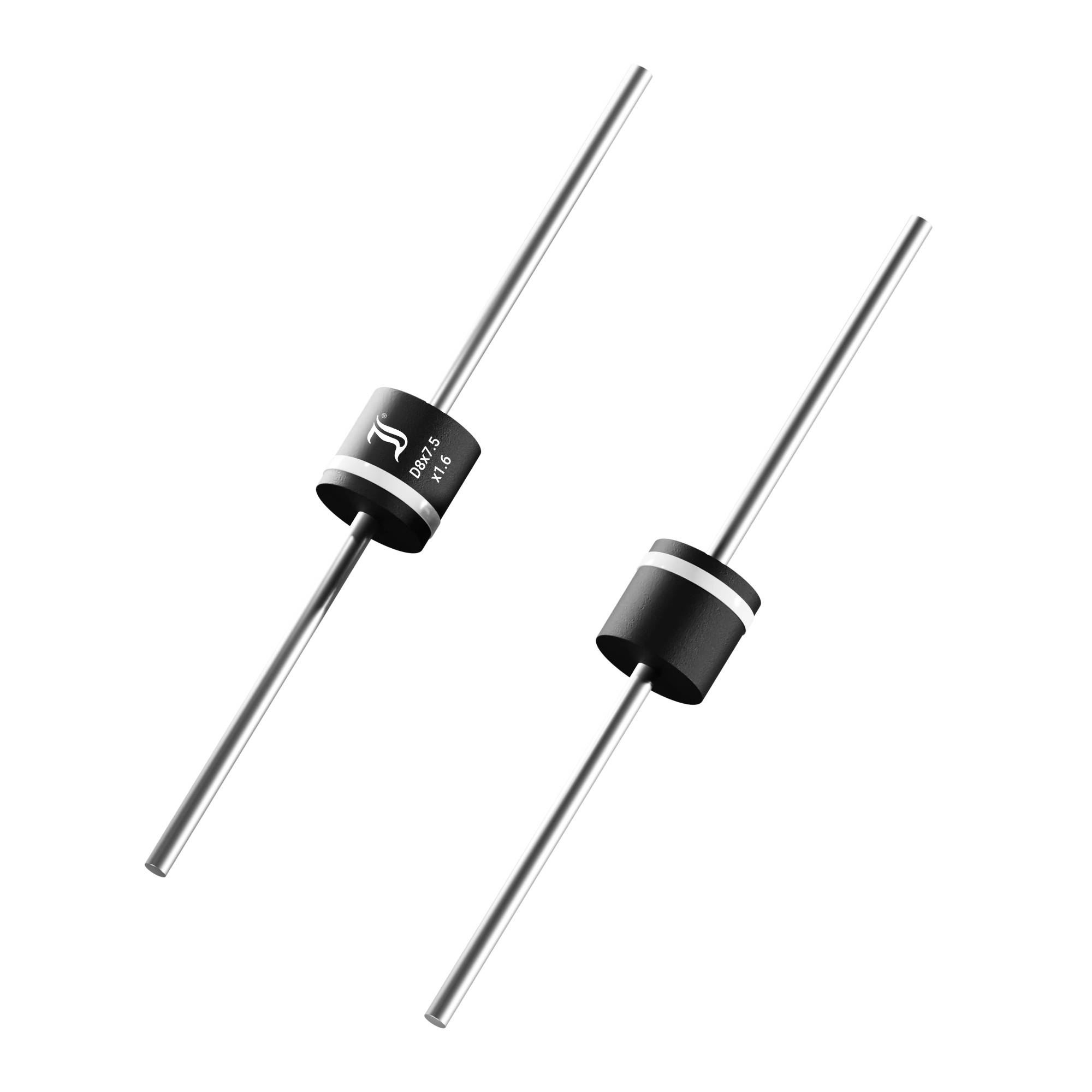 Dvije Zener-diode, valjkastog oblika, s metalnim priključcima, na bijeloj pozadini. Uglavnom korištene za regulaciju napona.