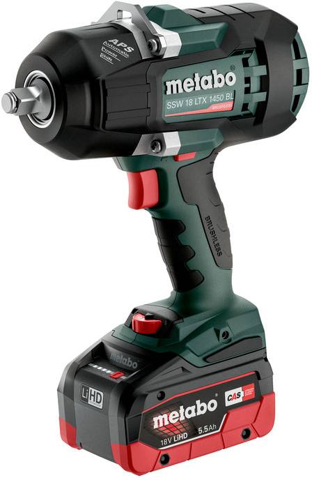 Metabo bežični udarni ključ s paketom baterije, označen 'SSW 18 LTX 1450 BL' i 'LiHD 18V 5.5Ah'.