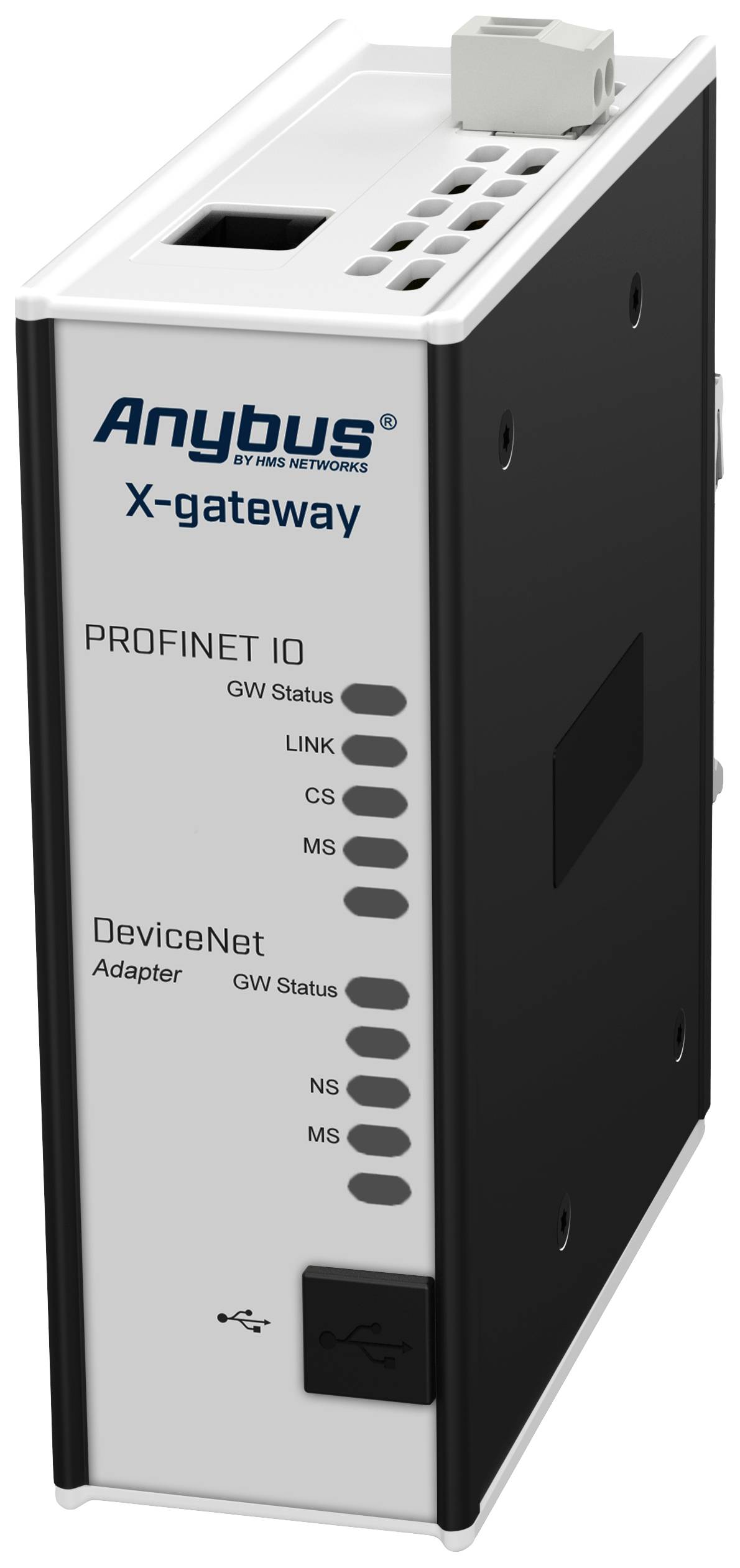 Anybus X-gateway za povezivanje Profinet IO i DeviceNet mreža, sa statusnim indikatorima za GW, LINK, CS, MS, NS i MS.