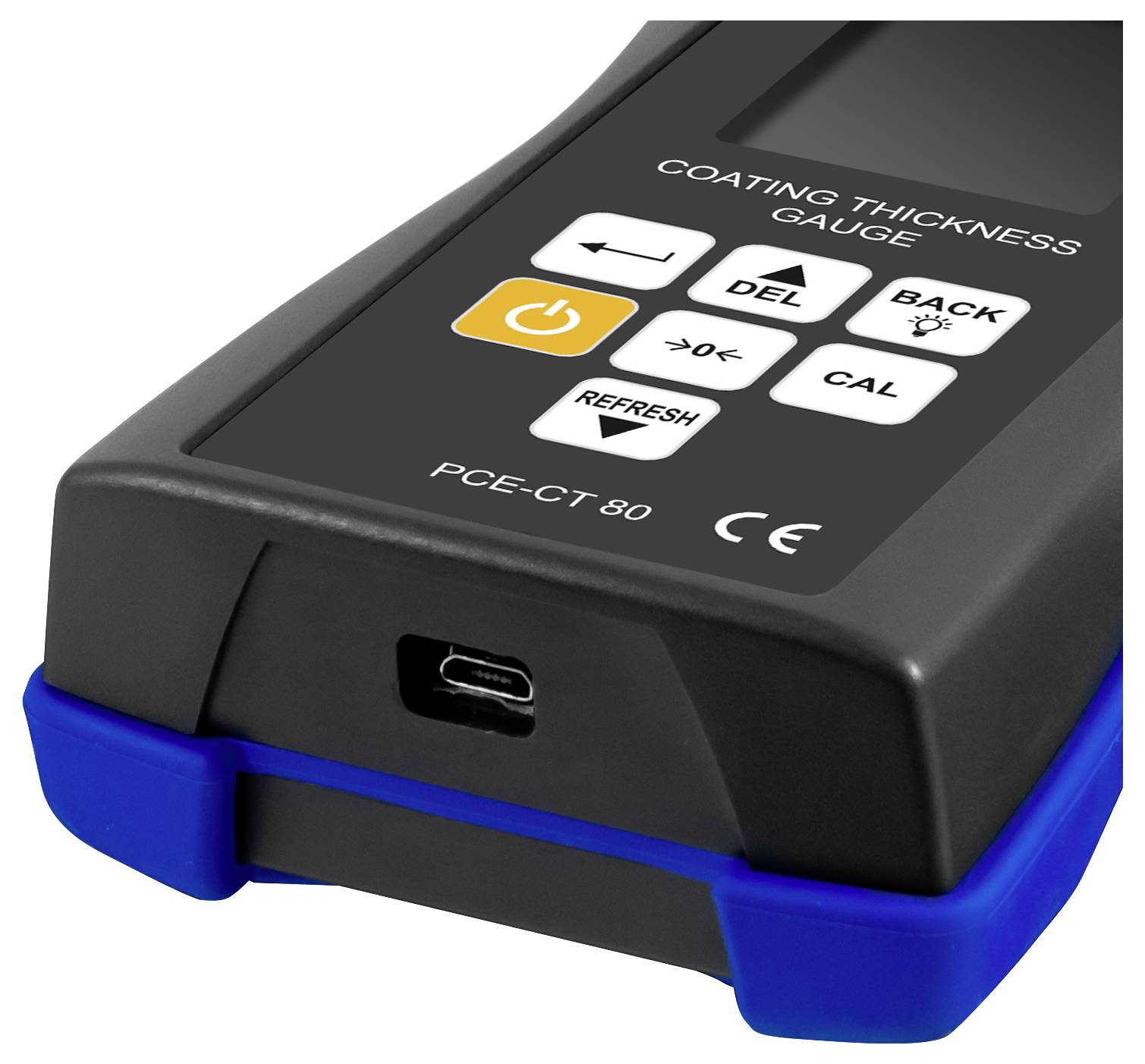 Mjerač debljine crnog i plavog premaza označen sa 'PCE-CT 80' s gumbima za napajanje, brisanje, nazad, kalibraciju i osvježavanje te priključkom USB-C.
