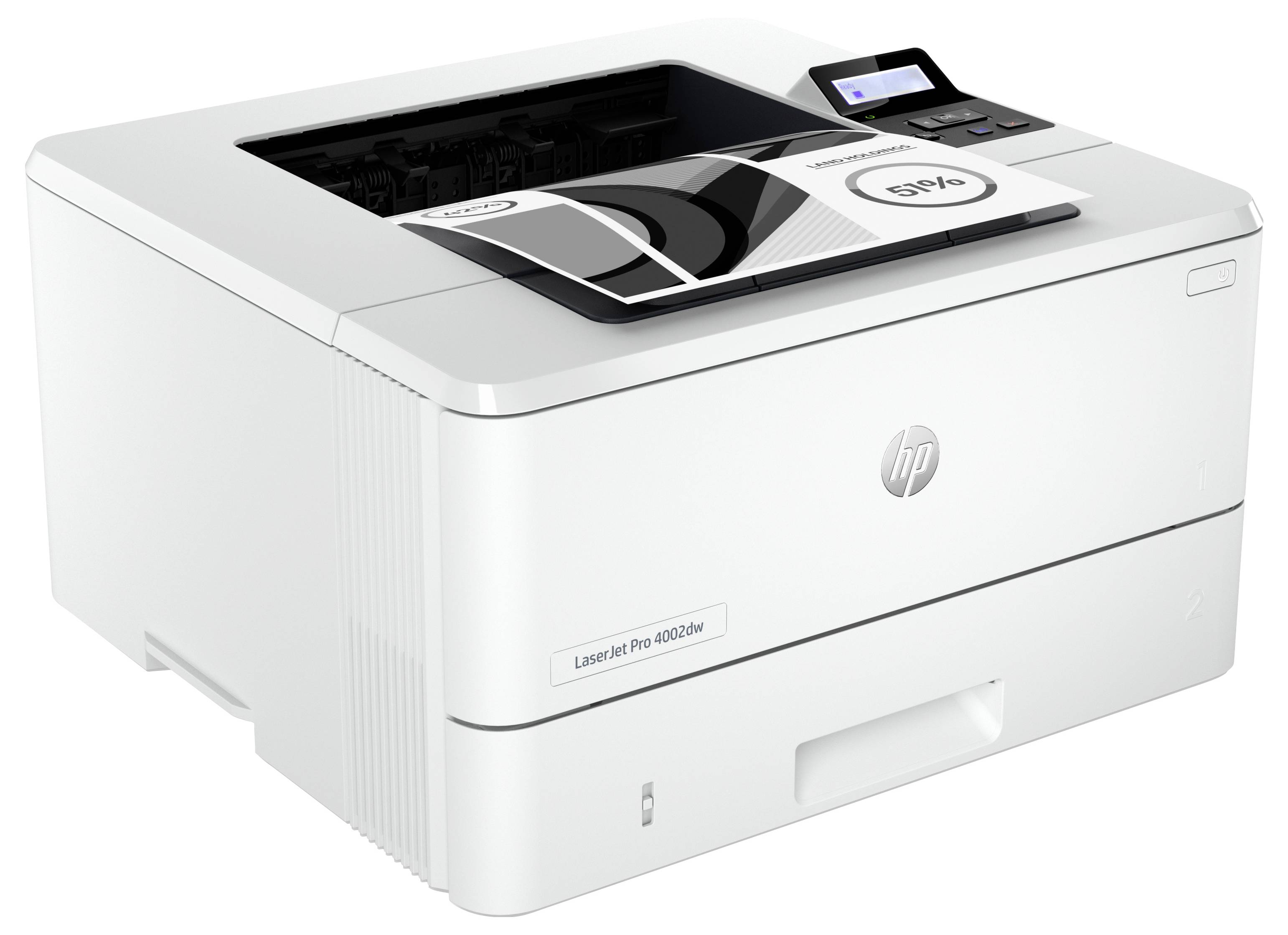 Bijeli HP LaserJet Pro pisač s gornjom ladicom za papir i malim kontrolnim zaslonom, prikazan na običnoj bijeloj pozadini.