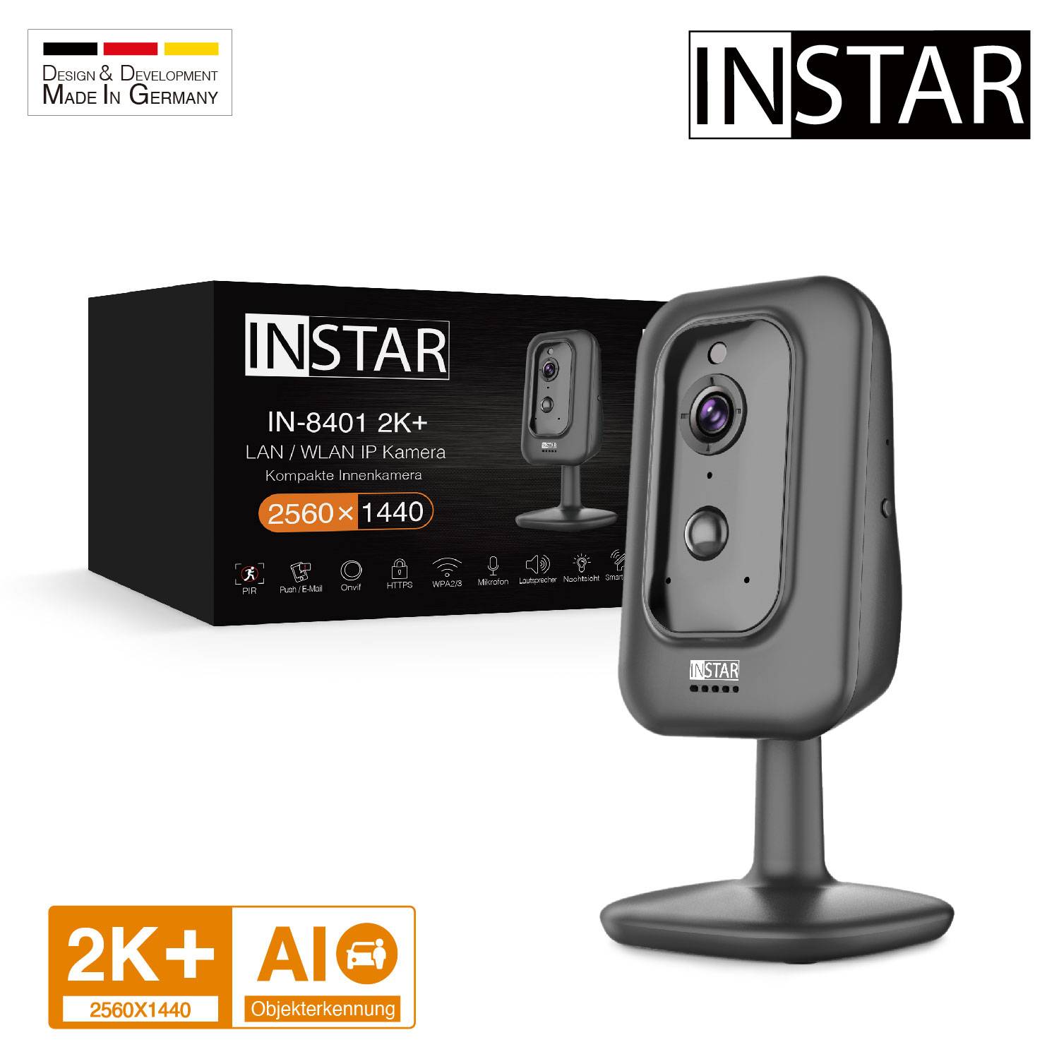 'INSTAR IN-8401 2K+' LAN/WLAN IP kamera, rezolucija 2560x1440, AI prepoznavanje objekata, dizajn i razvoj u Njemačkoj.
