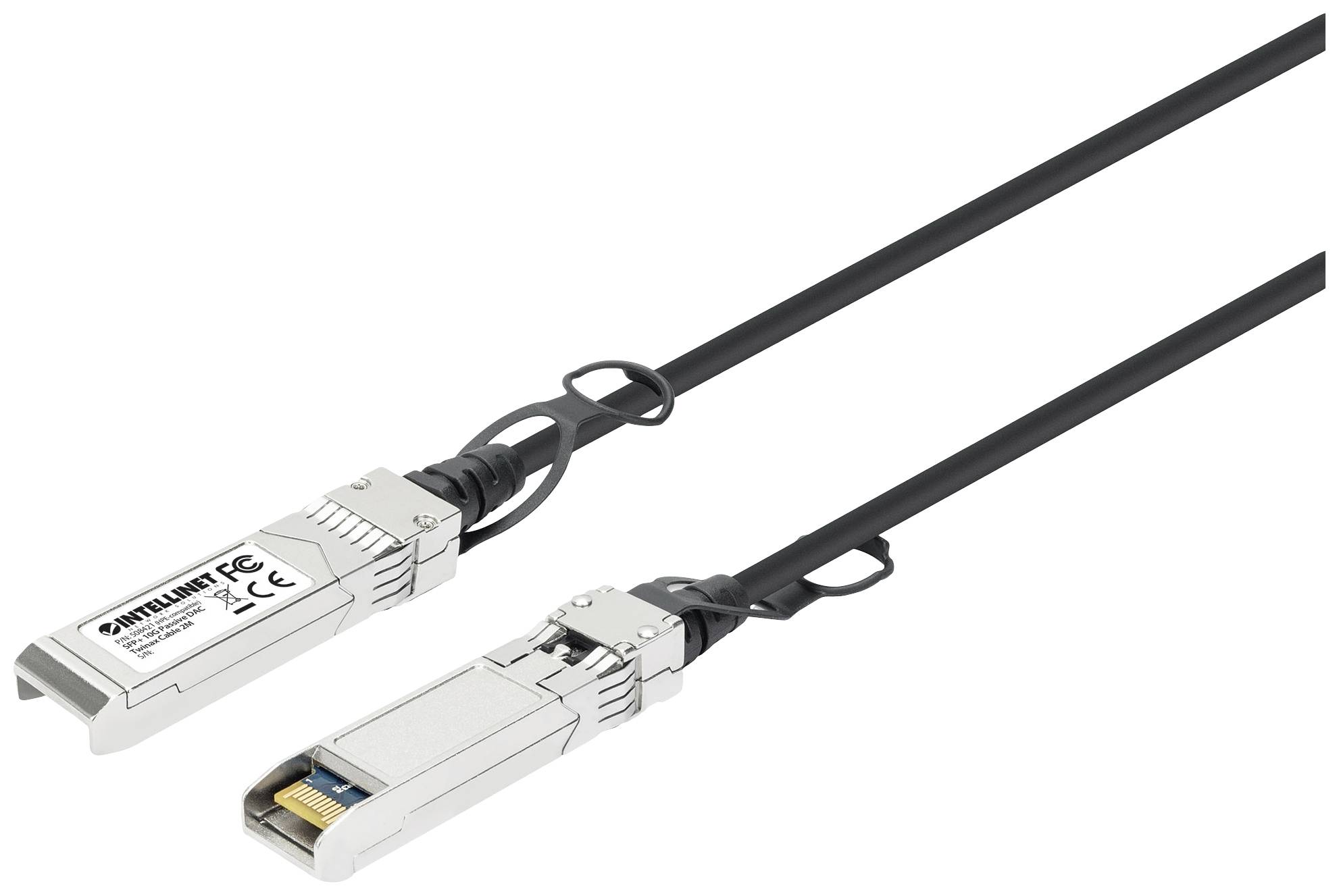 'Dva SFP kabela s utičnicama koji se koriste za mrežno povezivanje. Oba kabela su međusobno spojena.'
