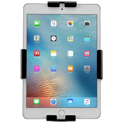 Tablet s više simbola aplikacija na zaslonu, uključujući sat, fotografije i postavke, učvršćen u crnoj stalku.