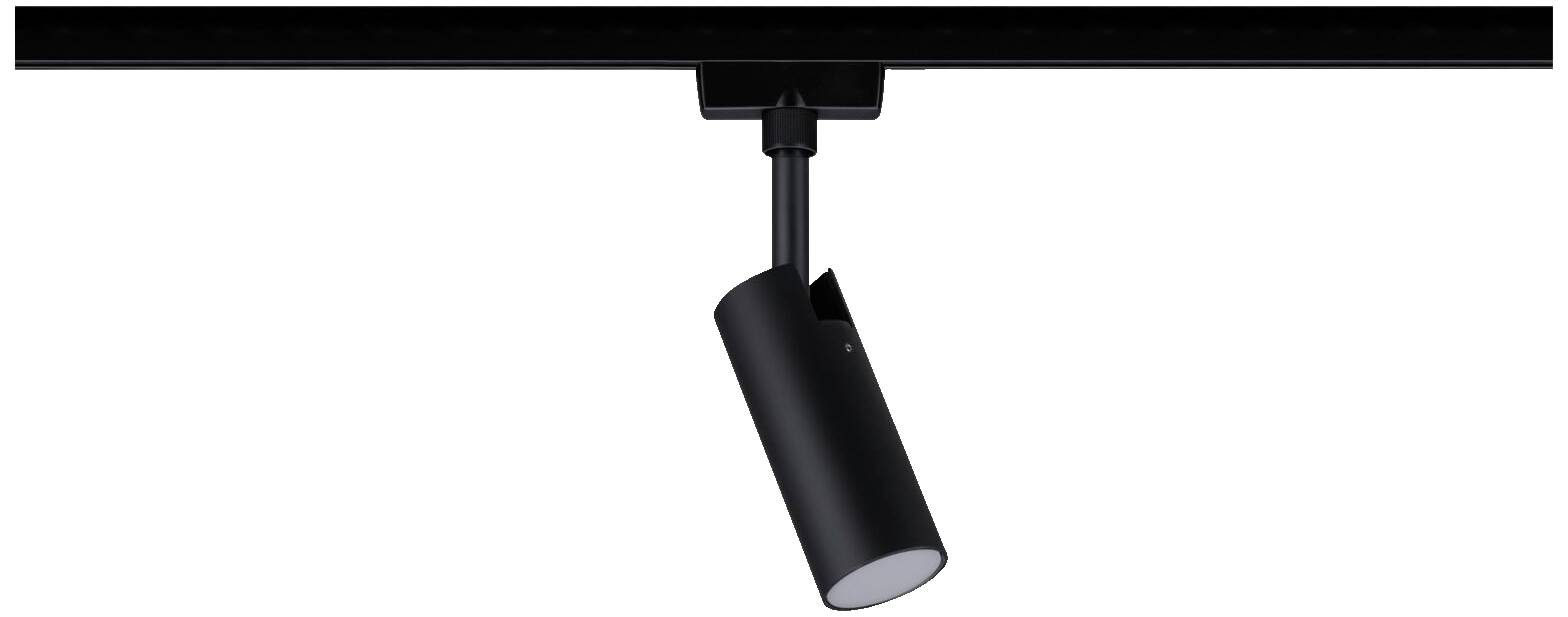 Crna, cilindričnog oblika stropna lampa visi na šini. Usmjerena je prema dolje i ima moderan dizajnerski stil.