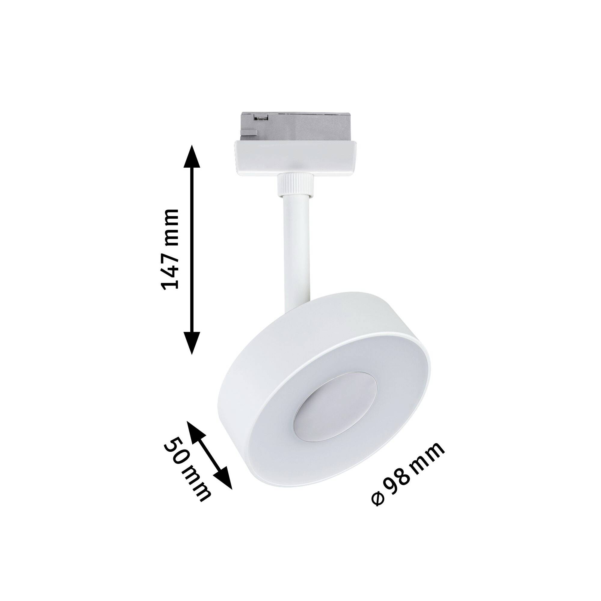 Bijela LED stropna svjetiljka s cilindričkom glavom. Dimenzije: promjer 98 mm, visina 147 mm, širina 50 mm.