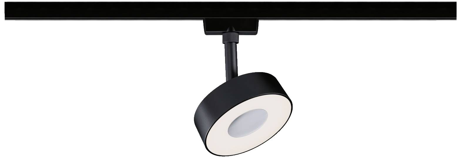 Crni, okrugli stropni reflektor montiran na šini, usmjerava svoje svjetlo prema dolje. Moderna rasvjeta za unutarnje prostore.
