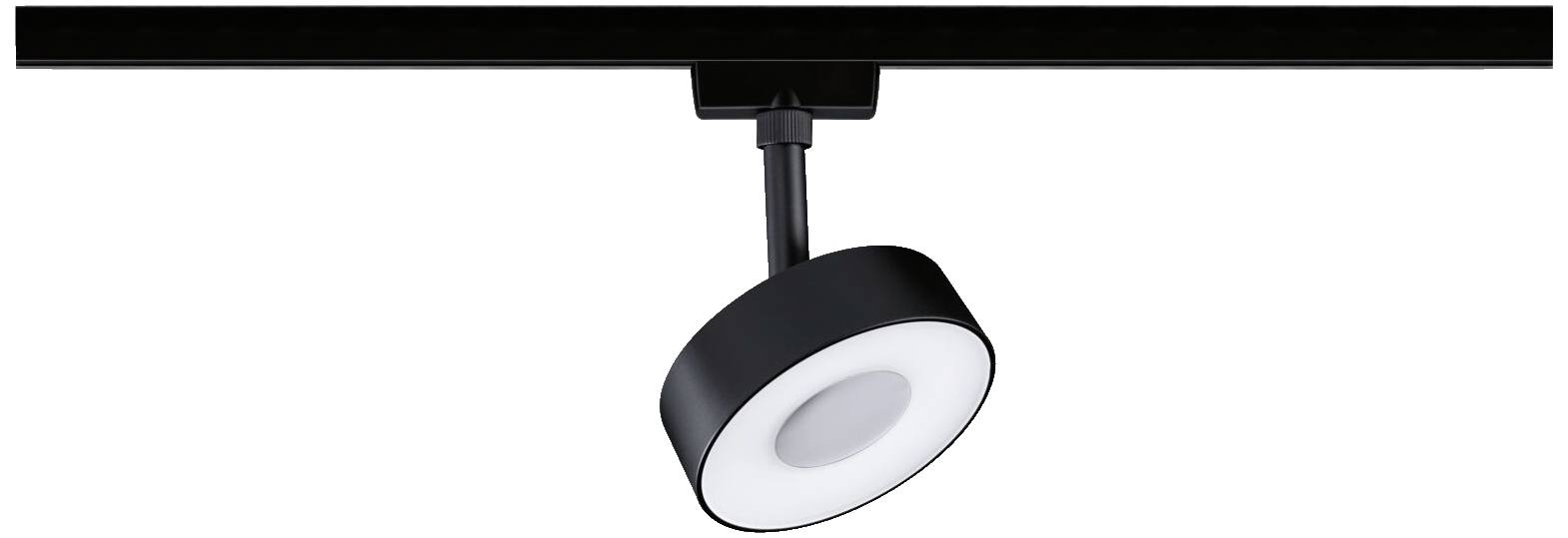 Crni LED reflektor pričvršćen je na crnoj šini. Reflektor je kružnog oblika i ima bijelu unutrašnjost.