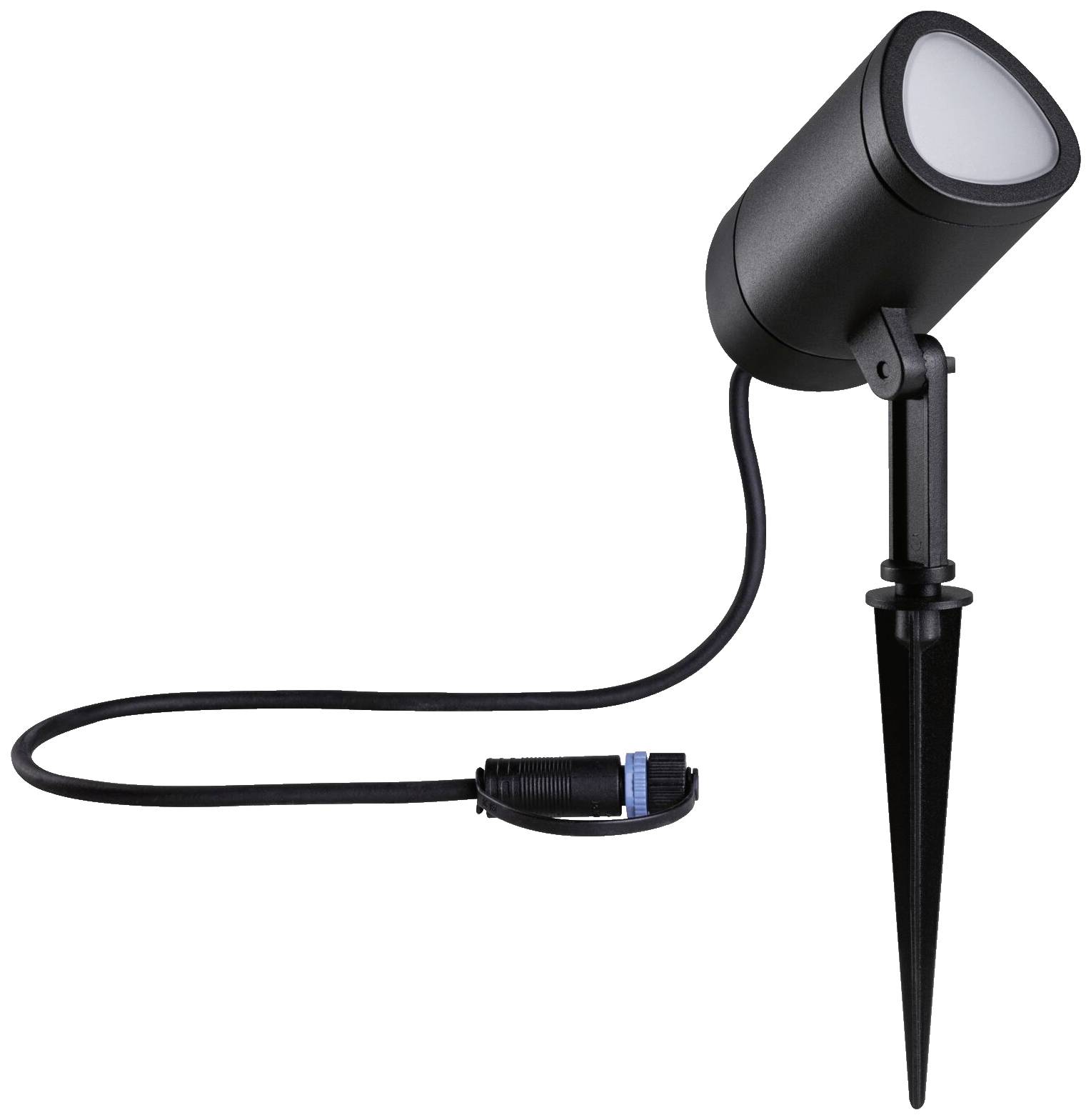 Crni vrtni reflektor s uzemljenim šiljkom, okruglom glavom lampe i kabelom s utikačem.