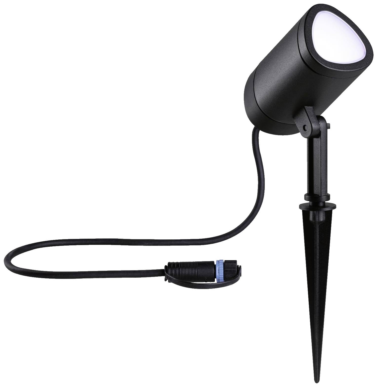 Crni vrtni reflektor sa šiljkom za zemlju, okruglom glavom lampe i električnim kabelom. Idealan za osvjetljavanje vrtnih prostora.