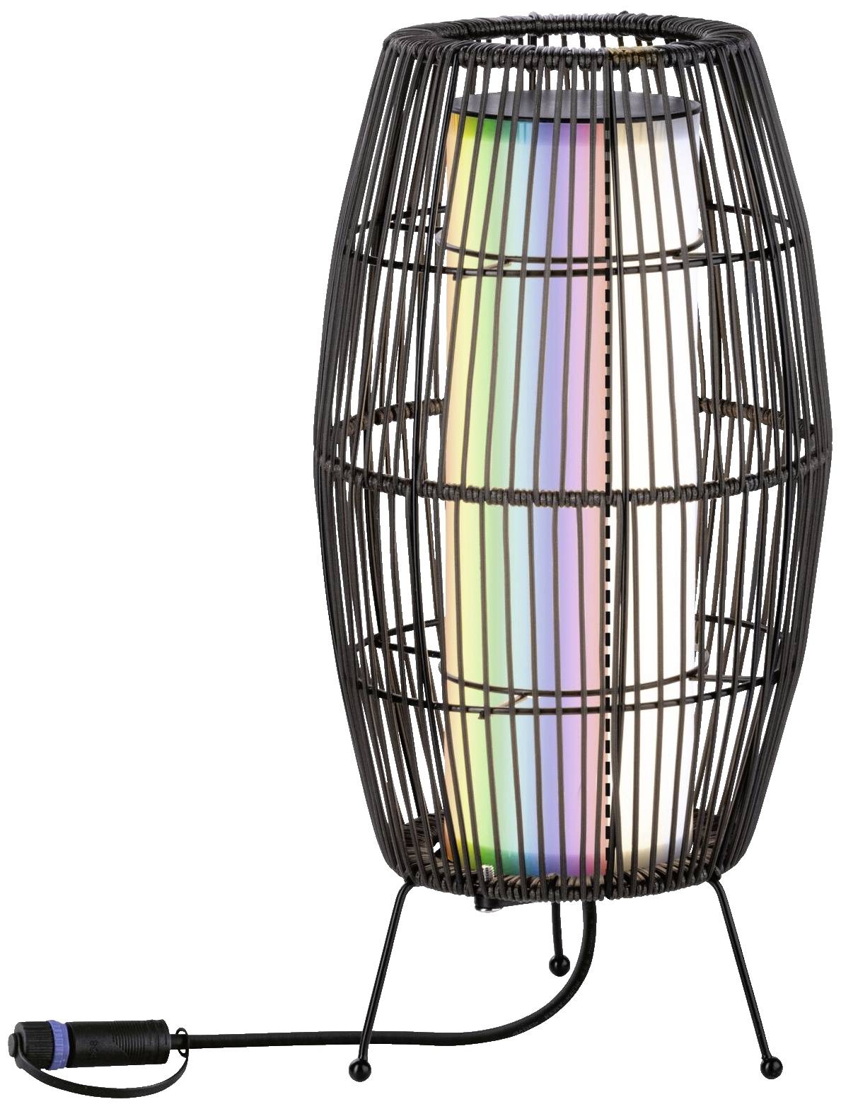Crna, valjkasta stolna lampa od žice s šarenim LED osvjetljenjem unutar nje. Stoji na tri noge i ima priključak za kabel.