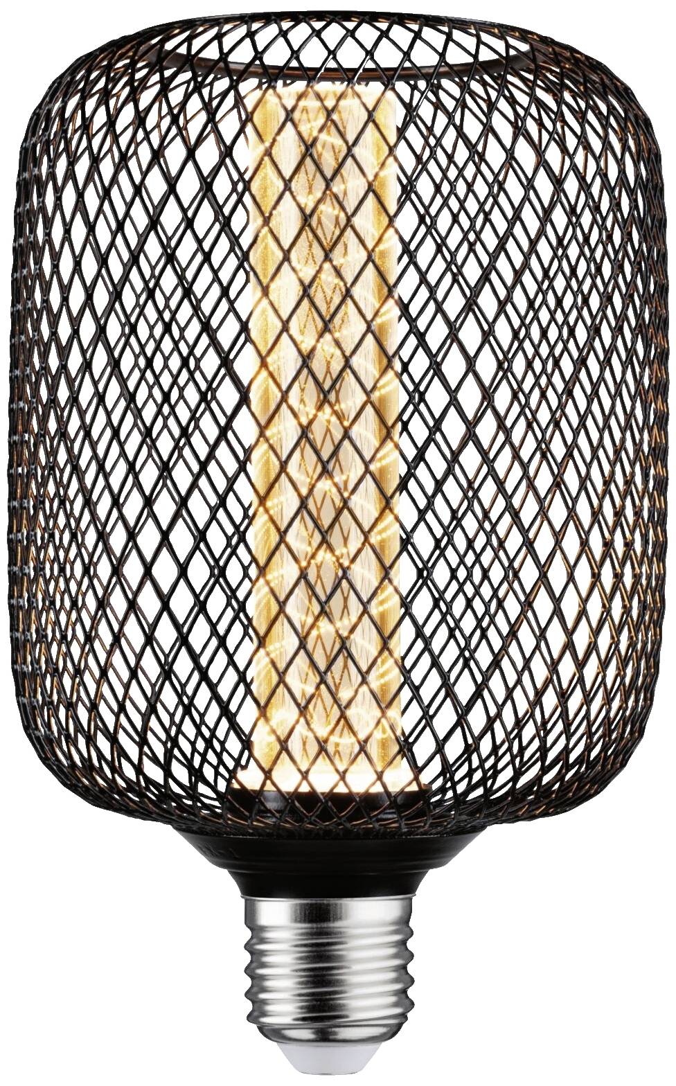 Dekorativna žarulja s crnim, mrežastim uzorkom kroz koji prozjeva toplo svjetlo. Idealna za stvaranje ugođaja.