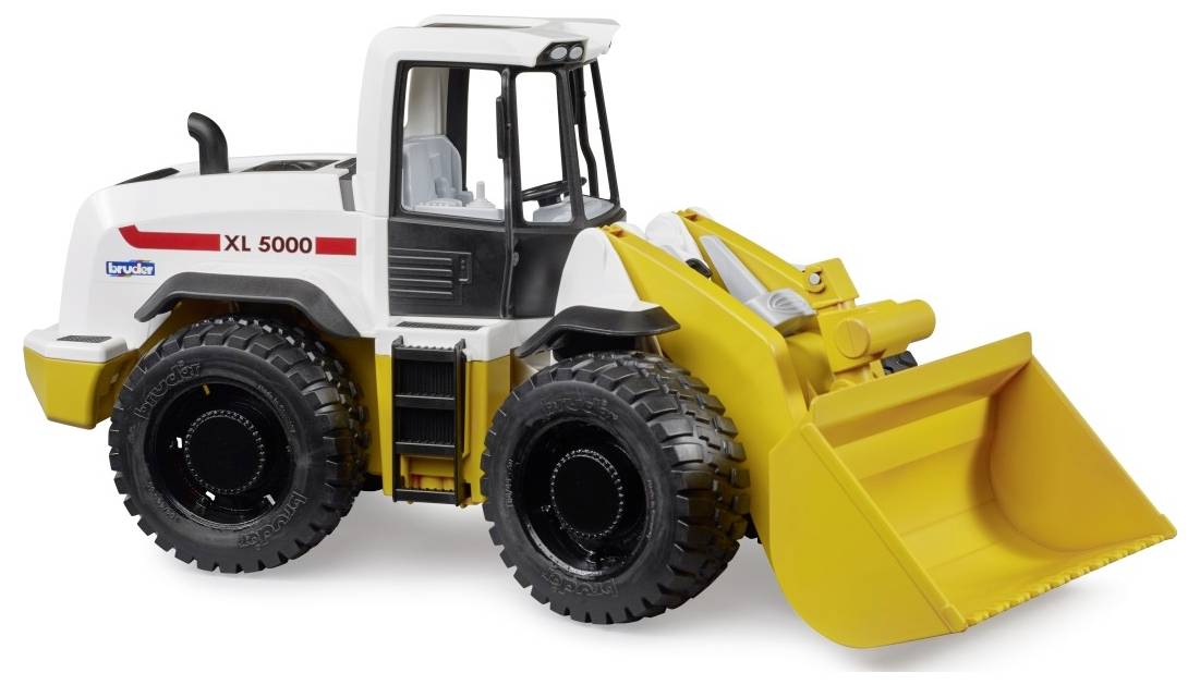 Model igračke prednje utovarivača s bijelom kabinom i žutom žlicom označenom 'XL 5000', namijenjen igri ili izlaganju.